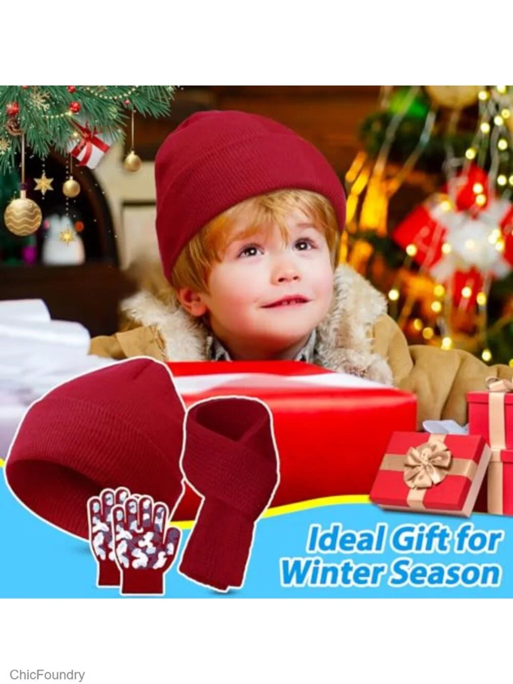 Kids Winter Beanie Scarf Gloves Set - Acrylic Fiber Knitted Cold Weather
